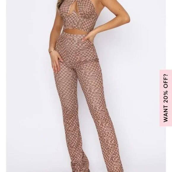 White Fox Boutique Brown Checkered High Rise Mesh Pull On Flare Pants M - Picture 1 of 8
